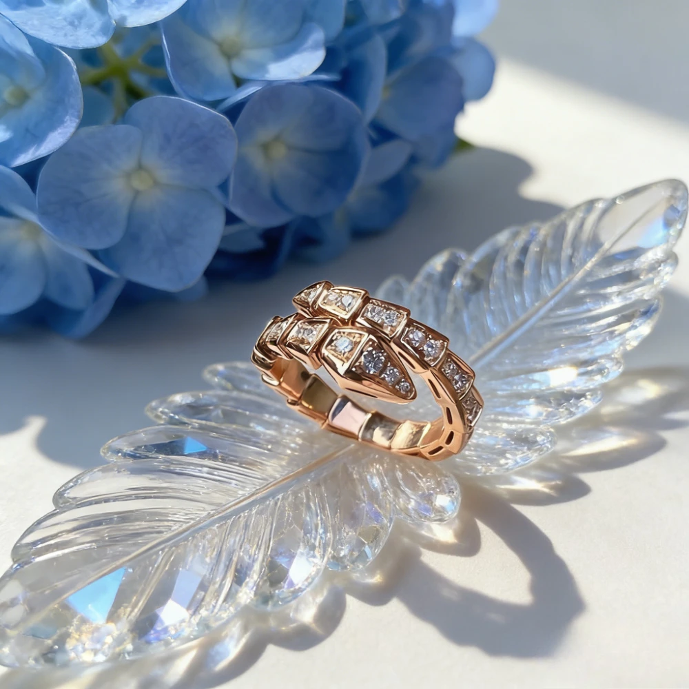 

Trendy 2026 Snake Bone Design Ring Full Diamond Three Circle Couple Ring Gift for Her