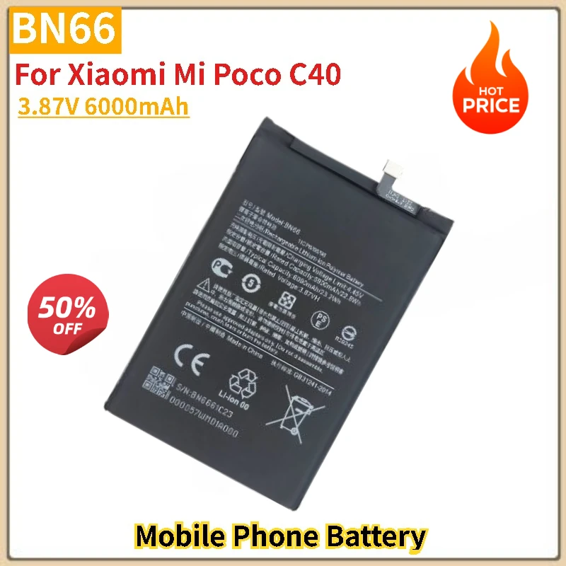 

BN66 battery 3.87V 6000mAh for Xiaomi Mi Poco C40 Mobile Phone Replacement Battery Brand-New High Quality
