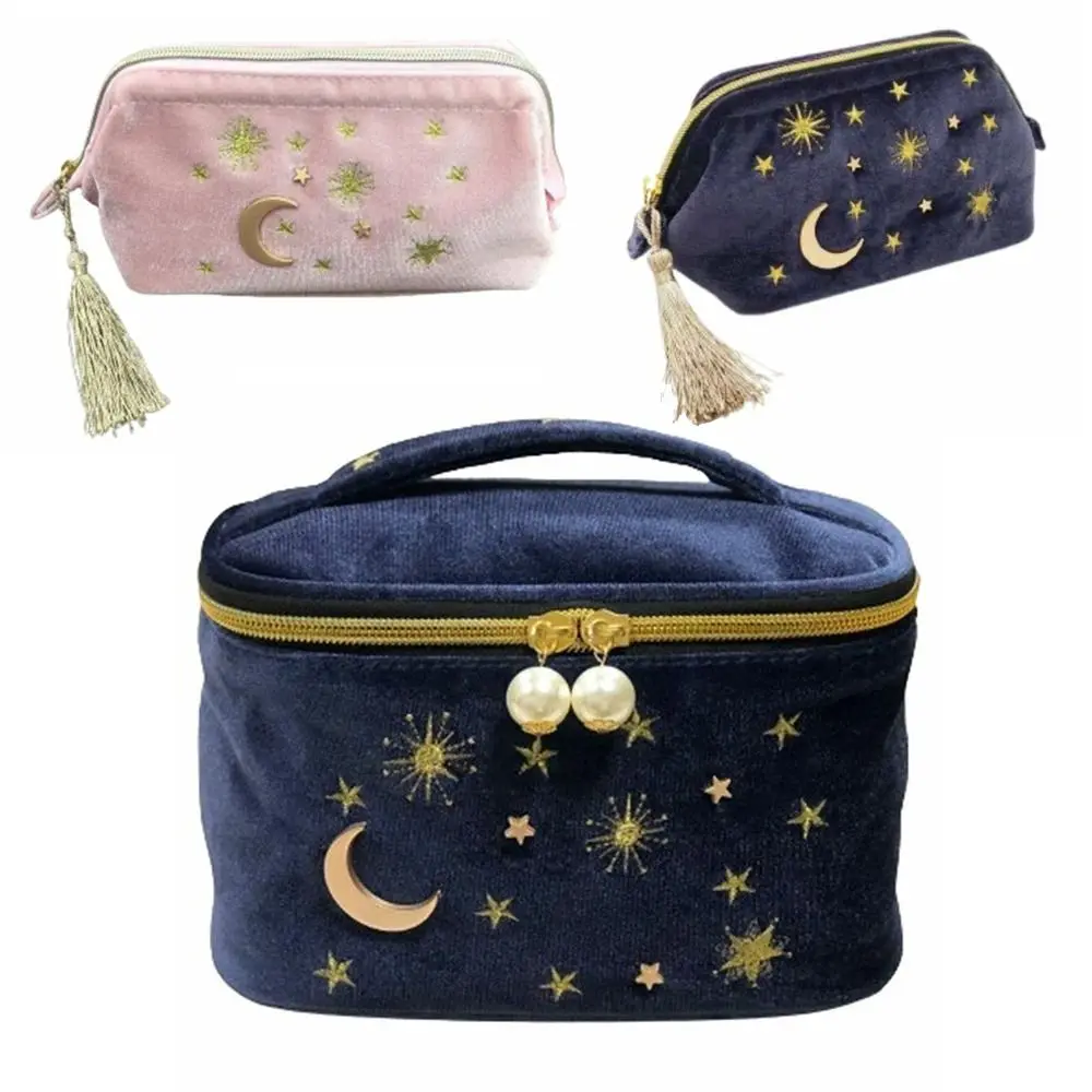 Cute Moon Star Cosmetic Bag Velvet Tassel Decoration Portable Travel Organizer Embroidery Large Capacity Lipstick Handbag Women