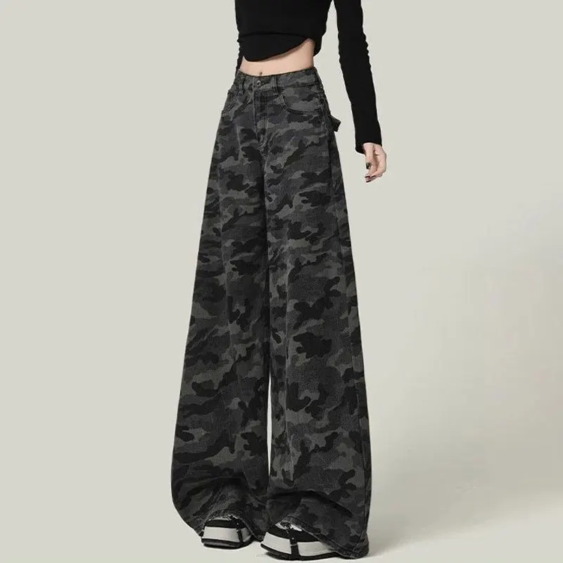 Women camouflage Jeans Sense design Vintage High Waisted Straight Denim Trouser Y2K American Streetwear Wide Leg Denim Pants