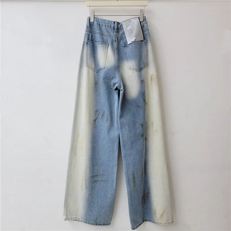 ANJY Spring Autumn New Women's American Style Distressed Gradient Heart-shaped Diamonds Jeans Washed Wide Leg Denim Pants A28356