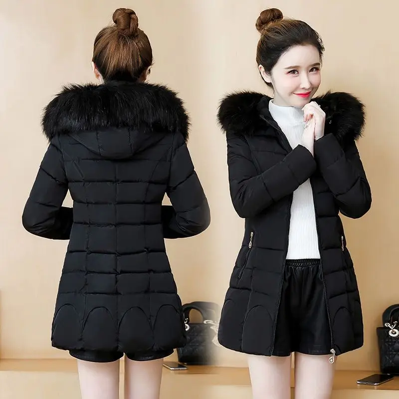 Ladies Winter Coat Women Down Cotton Fur Collar Hooded Jacket Woman Casual Warm Outerwear Jackets Female Girls Clothes 1199