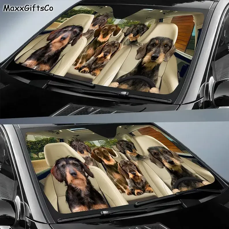 Wirehaired Dachshund Car Sun Shade, Dogs Windshield, Dogs Family Sunshade, Dog Car Accessories, Car Decoration, Gift For Dad, Mo