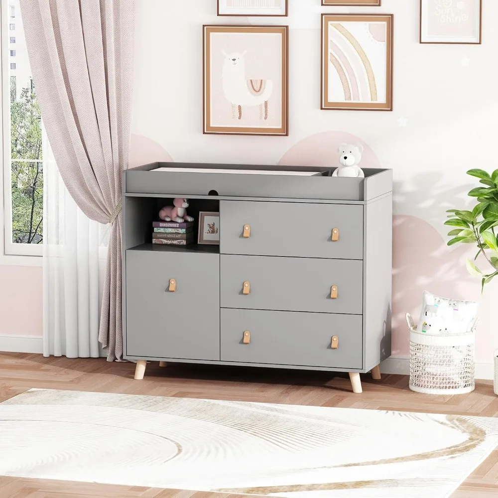 Baby Dresser Changing Table, Two In One Nursery Chest, Drawers Shelf And Hidden Laundry Basket, Infant Storage Solution