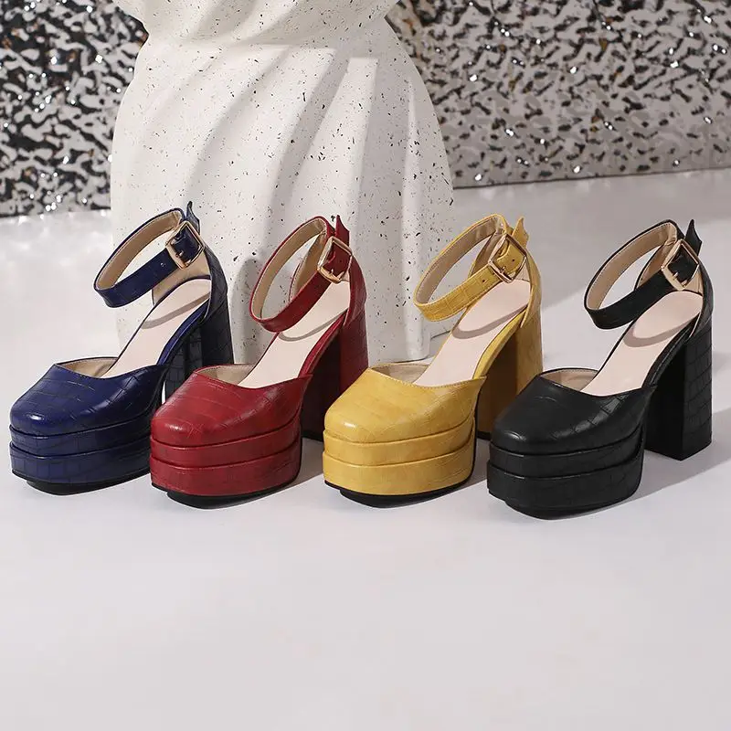 REAVE CAT 2025 New Sexy Fashion Female Sandals Square Toe Chunky Heels 12cm Double Platform 4cm Buckle Strap Plus Size 48 49 50 view 6