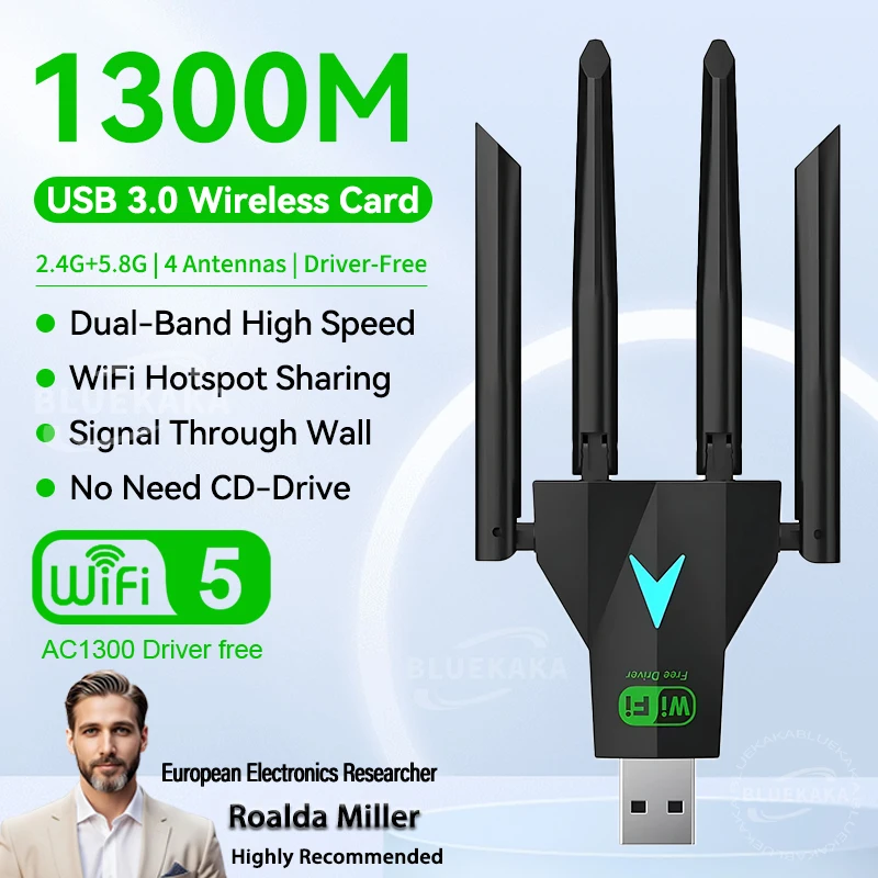 

Upgrades 1300Mbps WiFi USB Adapter 2.4+5.8Ghz Dual Band Wi-Fi5 Dongle Wireless Network Card Receiver USB3.0 High-Speed PC/Laptop