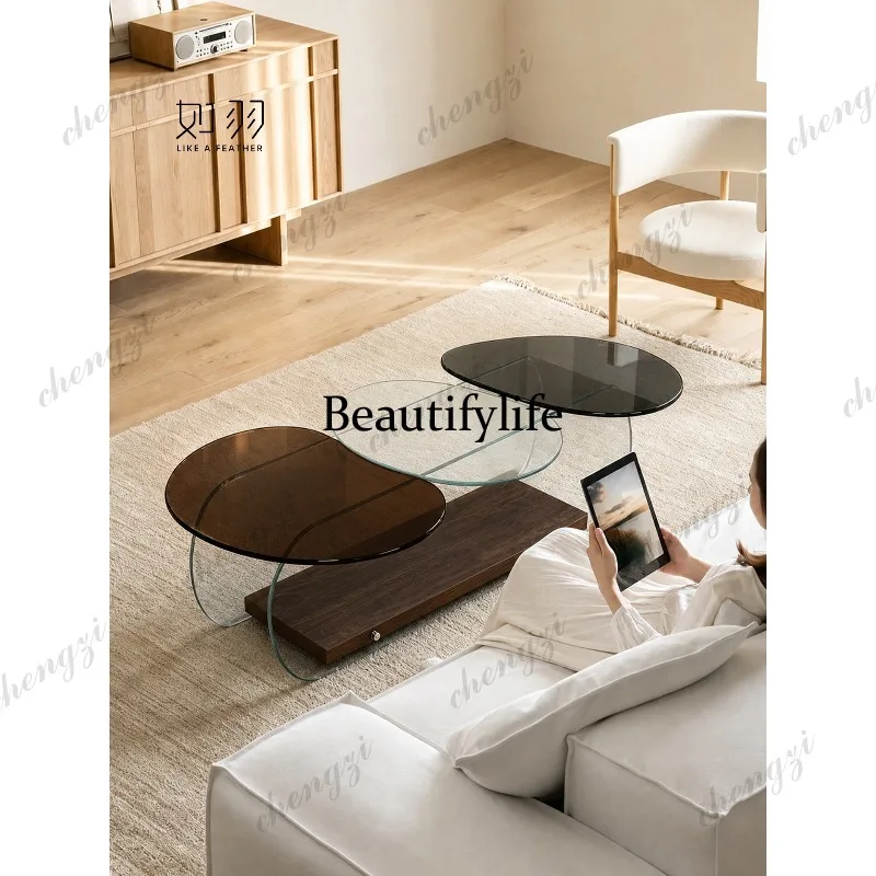 Designer special-shaped living room coffee table tempered glass solid wood art coffee table