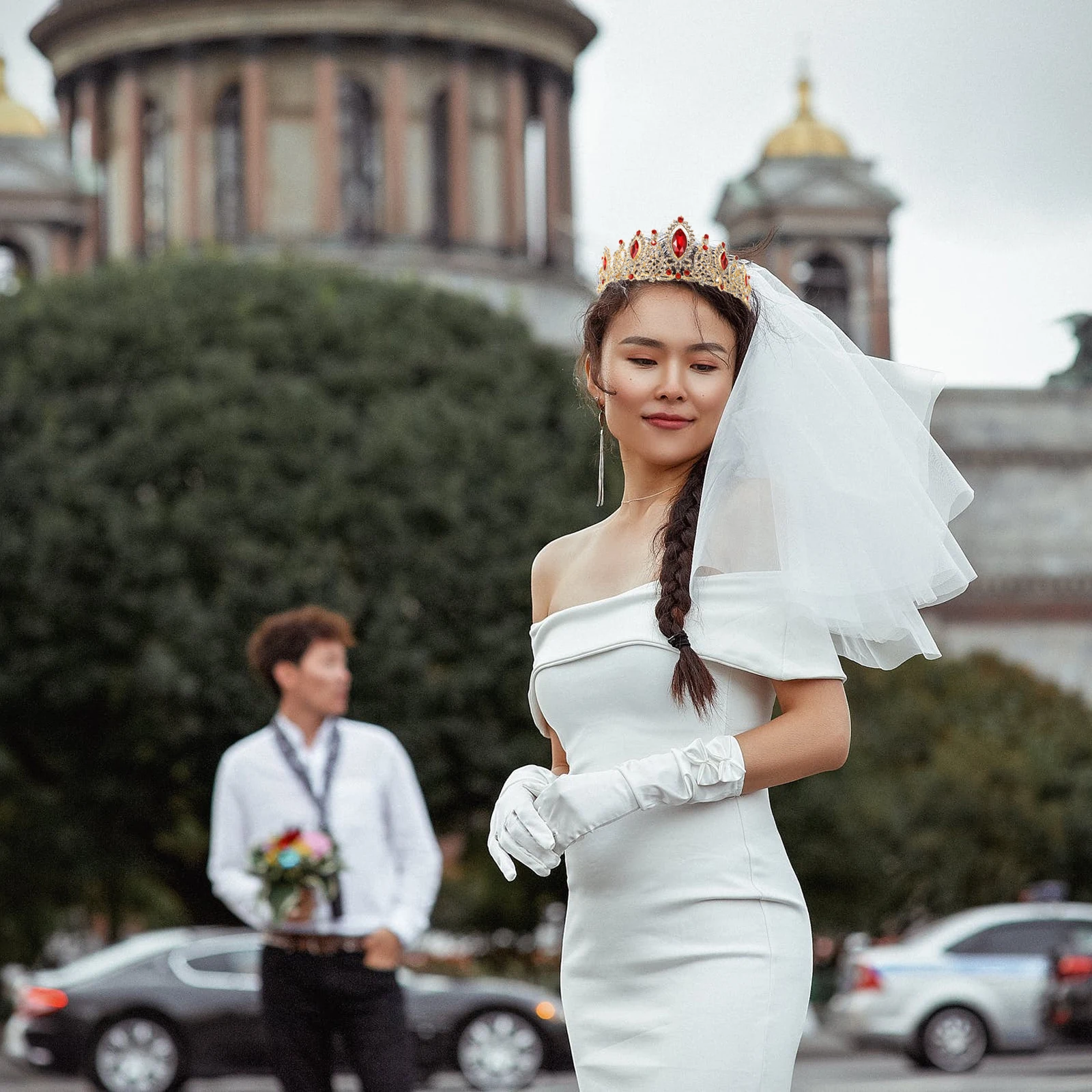 

Wedding Hair Accessories Red Rhinestone Crown Headdress Bride Headwear Bridal Hair Decor Pearl Tiara Crystal Retro Style
