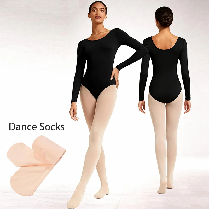Women's 2Pcs Team Basic Long Sleeve Ballet Dance Leotards for adult Gymnastics Dance Set with Lining and Dance Tights Socks