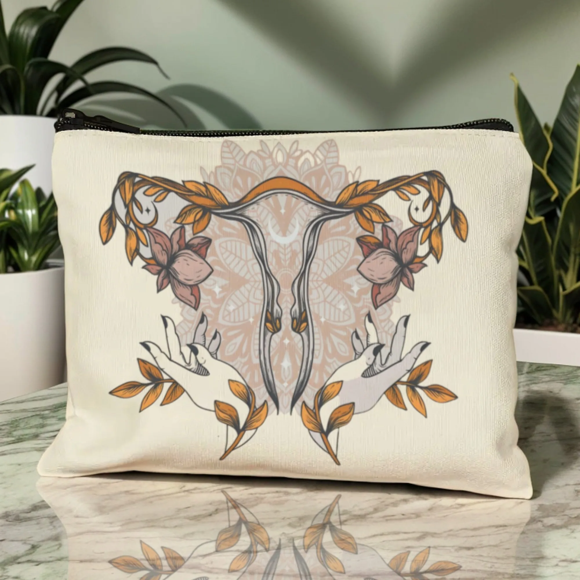 Artistic Uterus & Hands Design Makeup Bag Blush Apricot  with Watercolor Uterus & Cradling Hands Ideal OBGYN & Midwife Gift