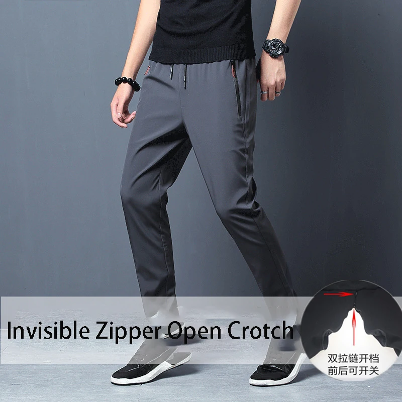 Men Invisible Zipper Open Crotch Pants Sports Casual Black Plus Size Loose Trousers