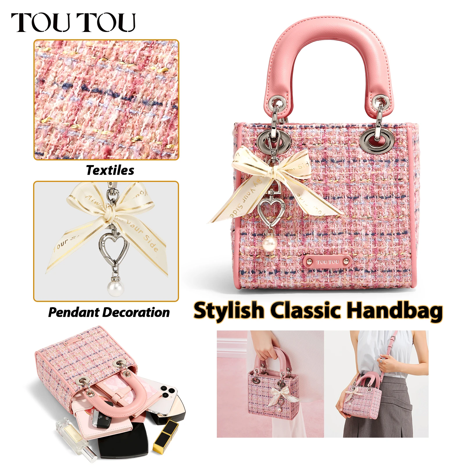 TOUTOU Women Handbag For Cosmetic Makeup Storage Bag Argyle Jacquard Tote Bag Bow Decor Satchel Purse White Pink Female Bag