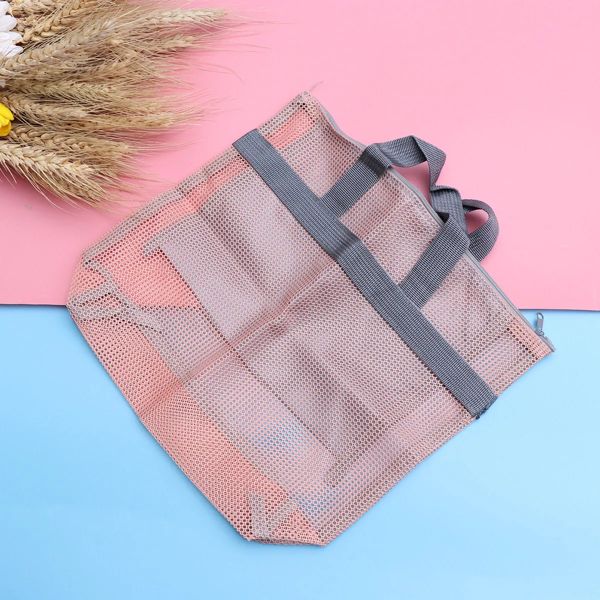 Large Portable Mesh Beach Tote Bag Pink Durable Nylon Waterproof Zippered Pocket Storage Bag for Women Essentials Picnic Travel