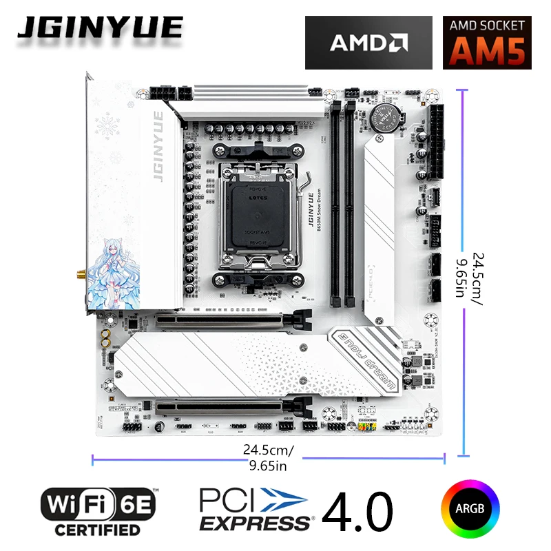 JGINYUE B650M Snow Dream WiFi Motherboard M-ATX For Ryzen7000/8000/9000series MAX 9800X3D/9950X3D DDR5 RAM PCIe4.0x16*2 M.2*3