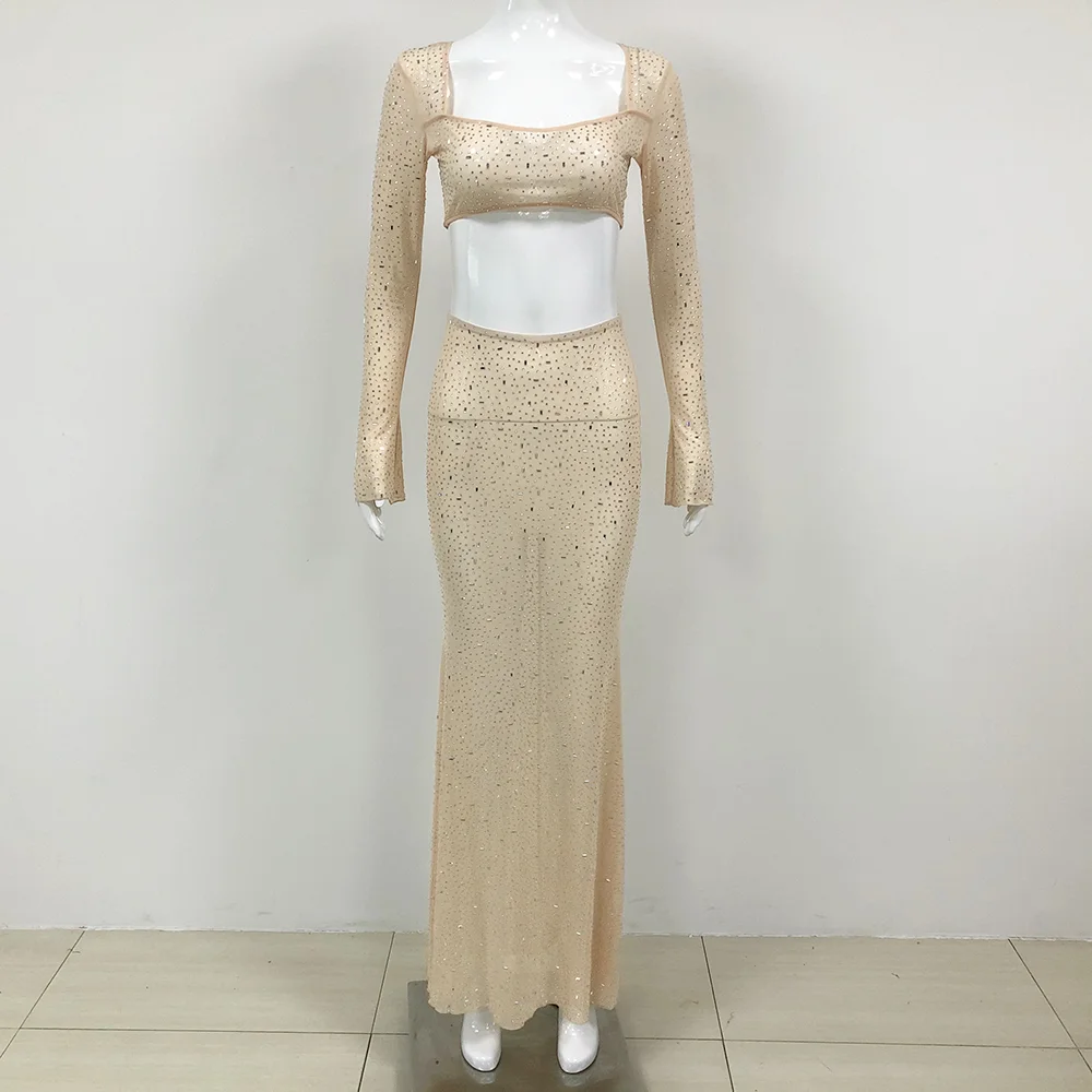 Ensemble de robe de bal 2 pièces avec cristaux pour femmes, haut à manches longues, jupe de fête, gaine fendue sexy, robe de soirée slim fit pour tapis rouge