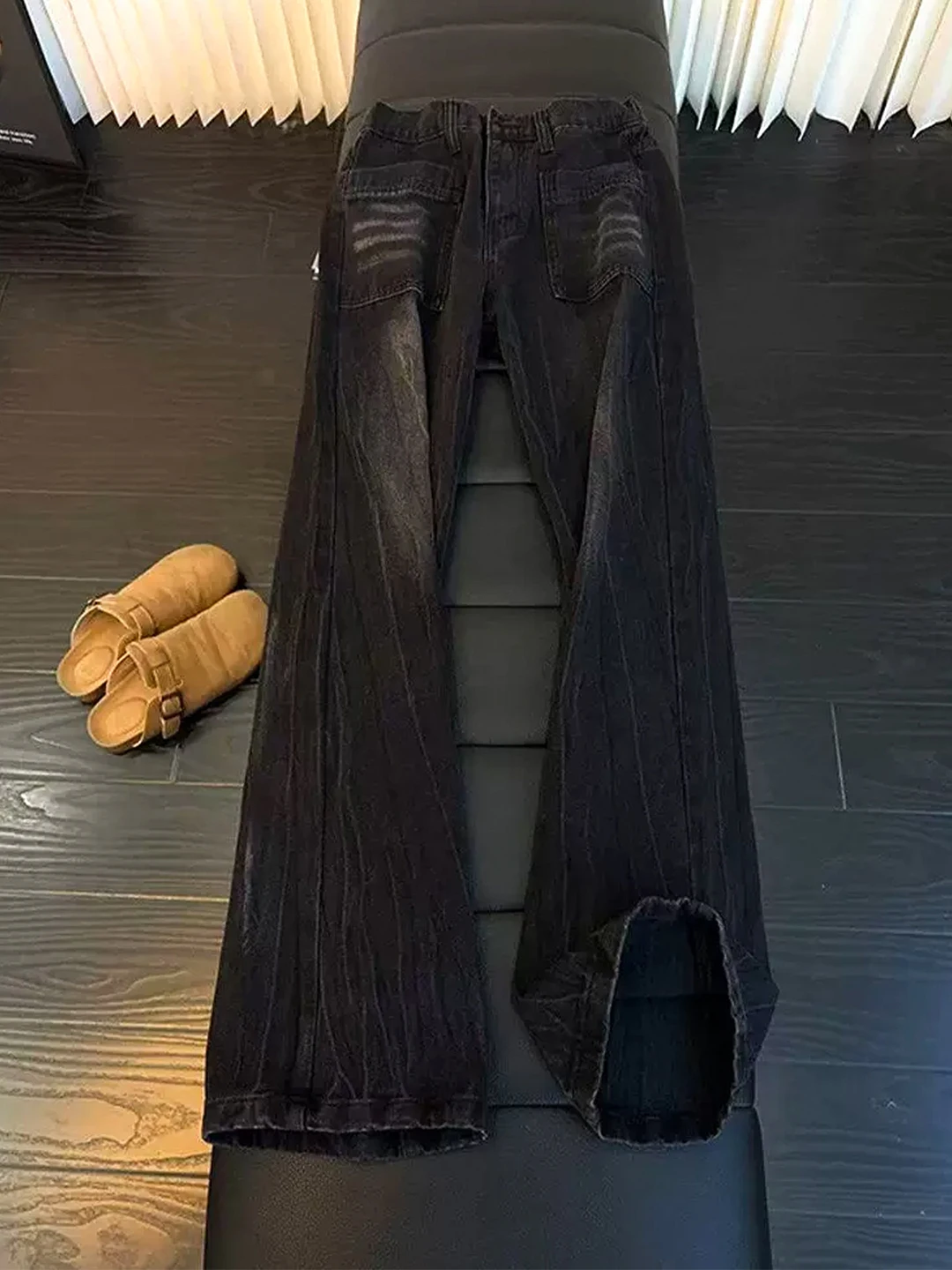 

Washed Black Men's Jeans Slim Straight Tube Micro Flared Pants Fleece Lightning Pattern Workwear Trousers Autumn Winter Fashion