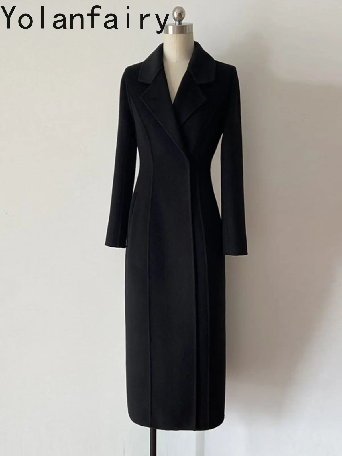 YOLANFAIRY Black Double-faced Cashmere Coat Women High Quality Wool Coats for Woman Elegant Slim-fit Long Woolen Jacket abrigo