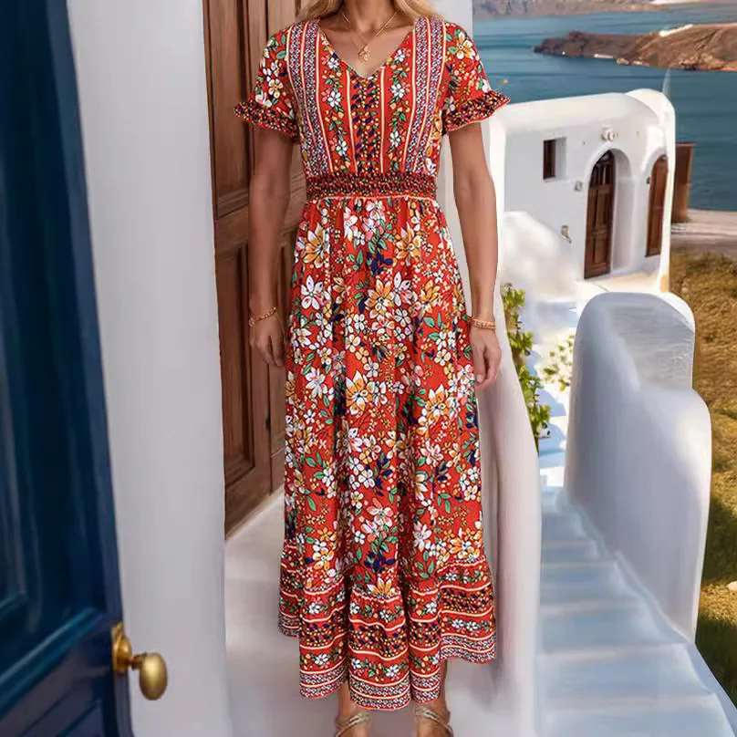 BAMBOOBOY Vintage Bohemian Floral Summer Long Dress Printed Women V-Neck Short Sleeve High Waist Ladies Casual A-Line Sundress