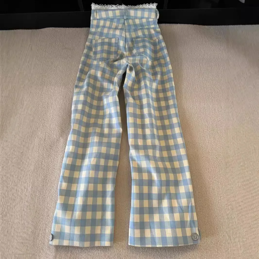 Pants Women 2025 Casual Blue Checkered Pants Spring Summer Autumn Plaid Slim Casual Loose Drape wide-leg Long Pants