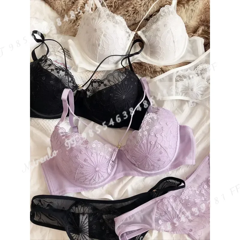 Sexy Hollow Cross Sling Bra French Lace Flower Embroidery Women Underwear Set Comfort Thin Cup Push Up Bras Romantic Lingerie