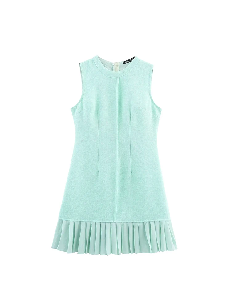 

European and American style new women's retro round neck sleeveless temperament slim fit pleated splicing coarse spinning dress