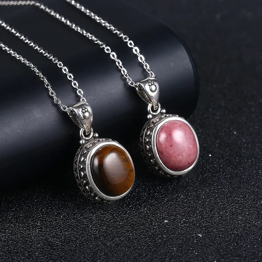 Natural Rhodochrosite Pendants Necklace 925 Sterling Silver Tiger Eye Stone Jewelry Chain Party Valentine Day Gifts for Women