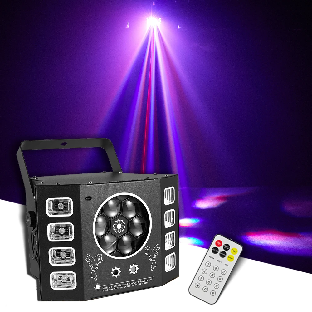 YUER DJ Disco LED Stage Laser Light Effect Bee Eye UV Black Light Strobe 4IN1 Party Wedding Holiday Event KTV Bar Music Control