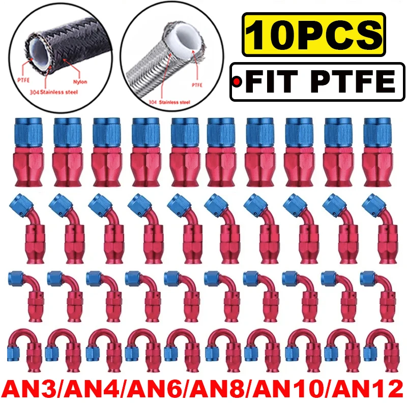 

10Pcs AN3 AN4 AN6 AN8 AN10 AN12 Straight 0 45 90 180 Degree Reusable Ptfe Hose End Fitting Adapter For Swivel PTFE Oil Fuel Line