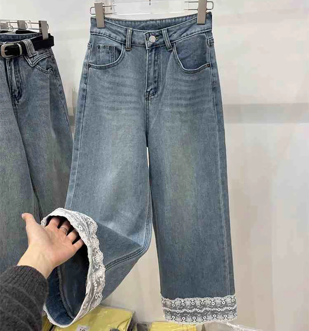 

Повседневные прямые джинсы для женщин, кружевные лоскутные джинсовые брюки с высокой талией, лето 2024, светло-голубые свободные брюки до щиколотки