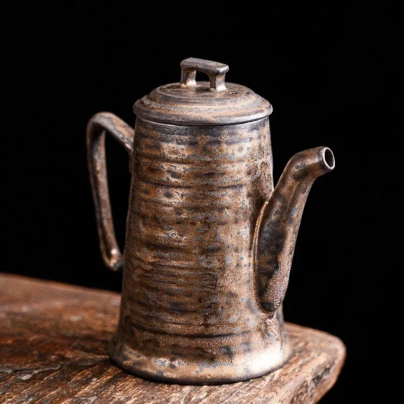 Old Rock Mud Rough Pottery Tea Pot Retro Black gold glazeTeapot Kettle Ceremony Making Single Pot Ceremony