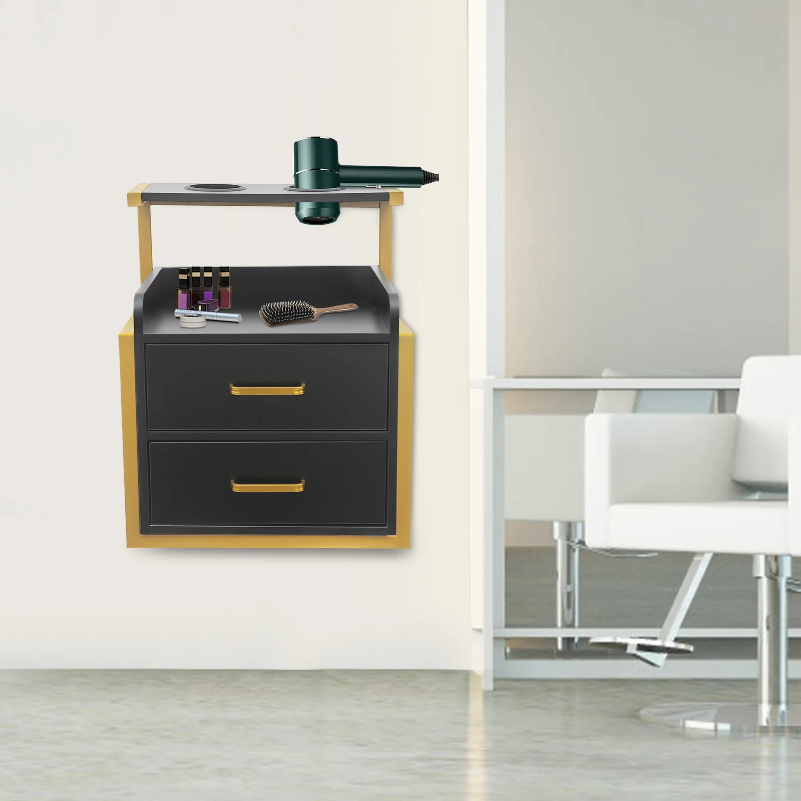 Gold Black Modern Rectangular Wall Mounted Salon Storage Cabinet Density Board Iron Paint Free Board 2 Drawers 50KG Load Capacity Wall Hanging Organizer Cabinet For Hair Salon Barber Shop Spa Bathroom Bedroom Bedside Storage view 4