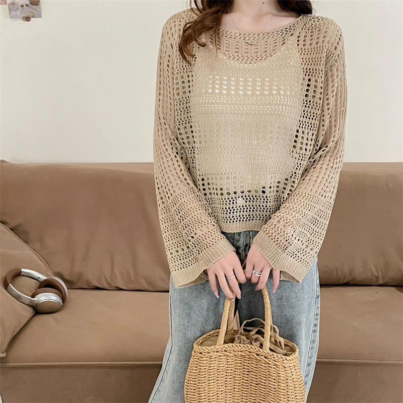 Sheer Mesh Top Women Fishnet Long Sleeve O-neck Pullover Open-Knit Crochet Top Laides Spring Summer Cover Up Casual Outfit