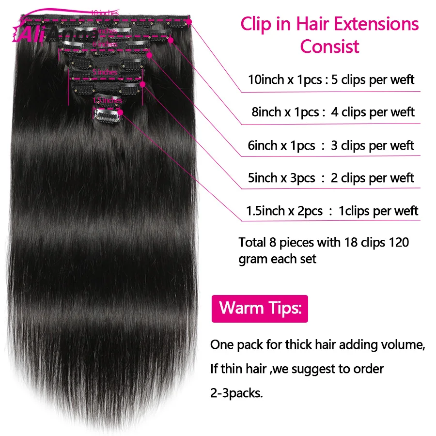 Straight Clip In Hair Extension Human Hair Brazilian Raw Human Hair Clips Ins 120g/Set Seamless Clip In Human Hair Extensions