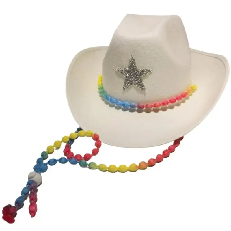 

39BD Western Cosplay Cowboy Hat Wide Brim Flat Top Hat Sequins Star DanceParty Cap