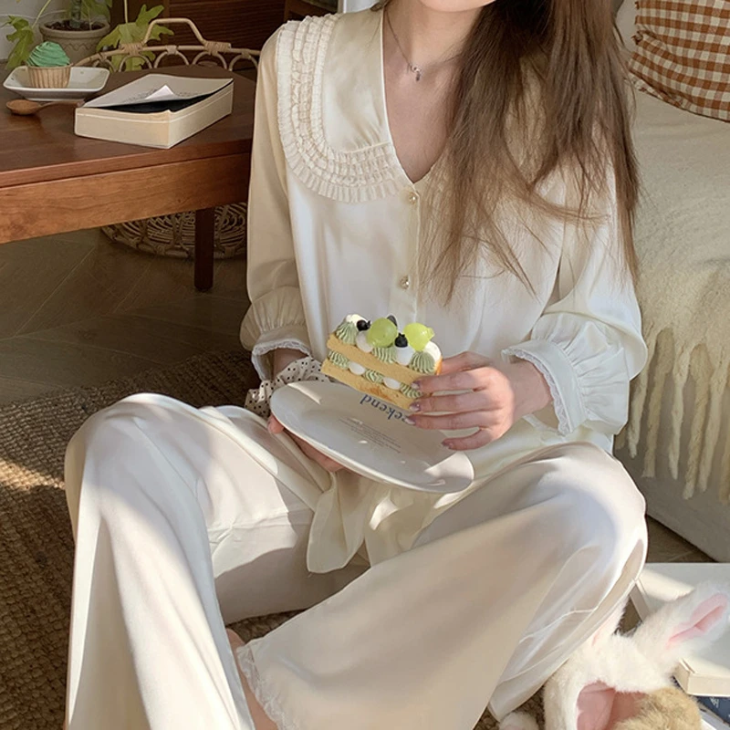 

Шелковистая атласная пижама «Нежная принцесса» с кружевным воротником и брюками, 2 предмета, домашняя одежда для женщин, новинка весны, женская пижама для дома