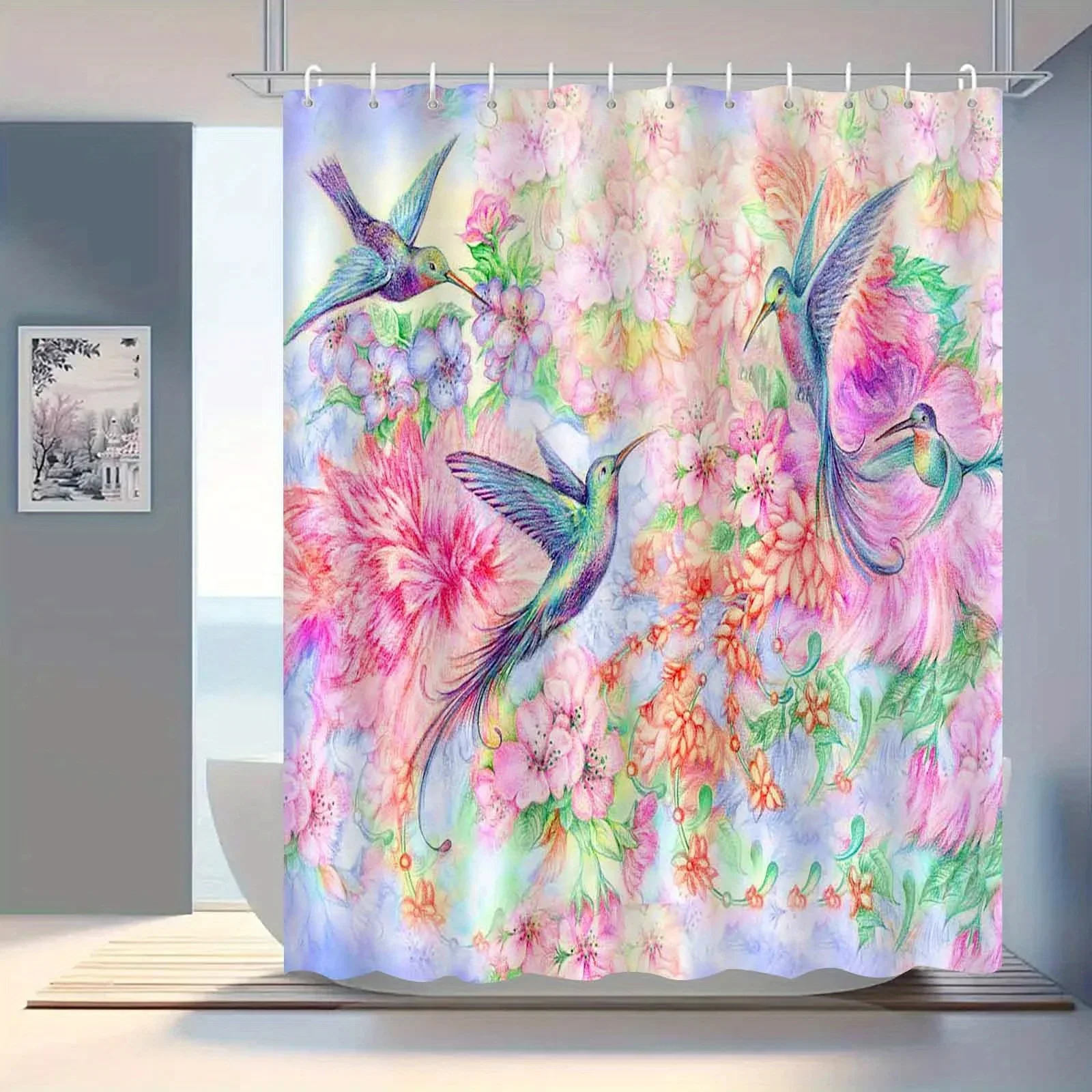 Vibrant Watercolor Hummingbird Floral Shower Curtain Bathroom Decor Bohemian Pink Bloom Shower Curtain