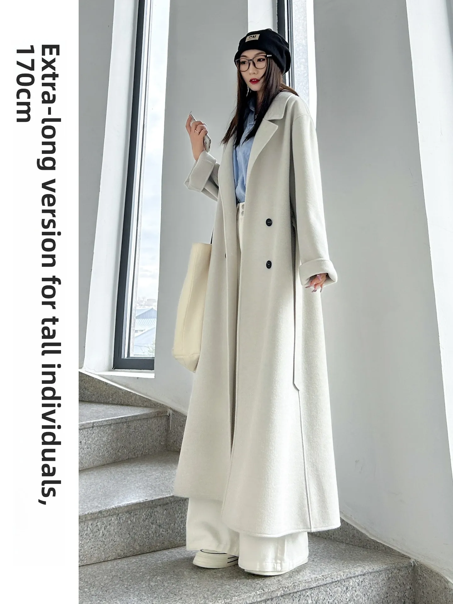 

Ele Double-Faced Camere Long Coat Thi Winter Outerwear for Tall Women in White High-End Feel Korean Sle Commute