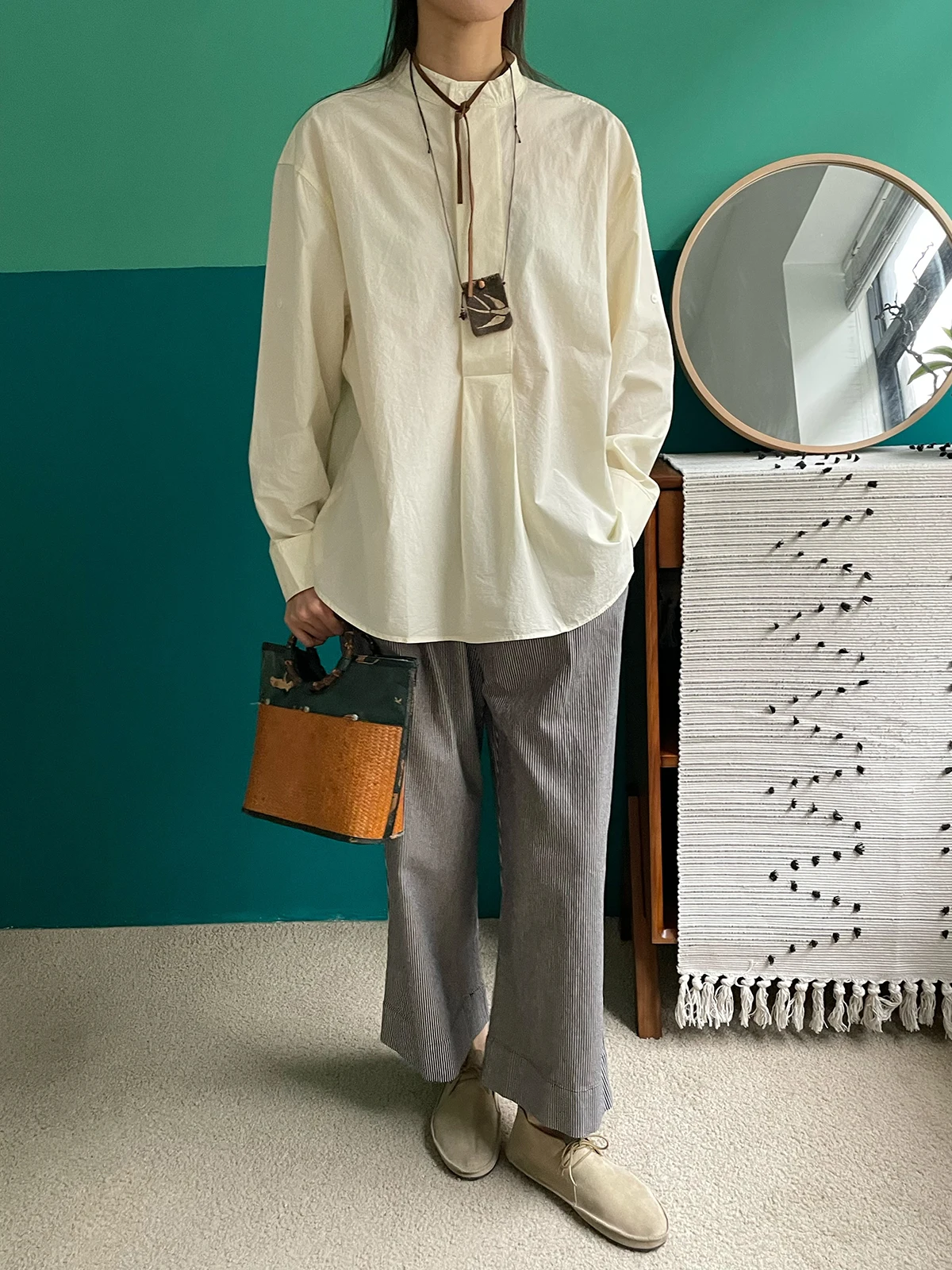 

Cxxmagique Spring Summer Thin Cotton Shirt round Neck Roll Sleeve Design Casual Loose Fit Women's Long Sleeve Moisture Wicking