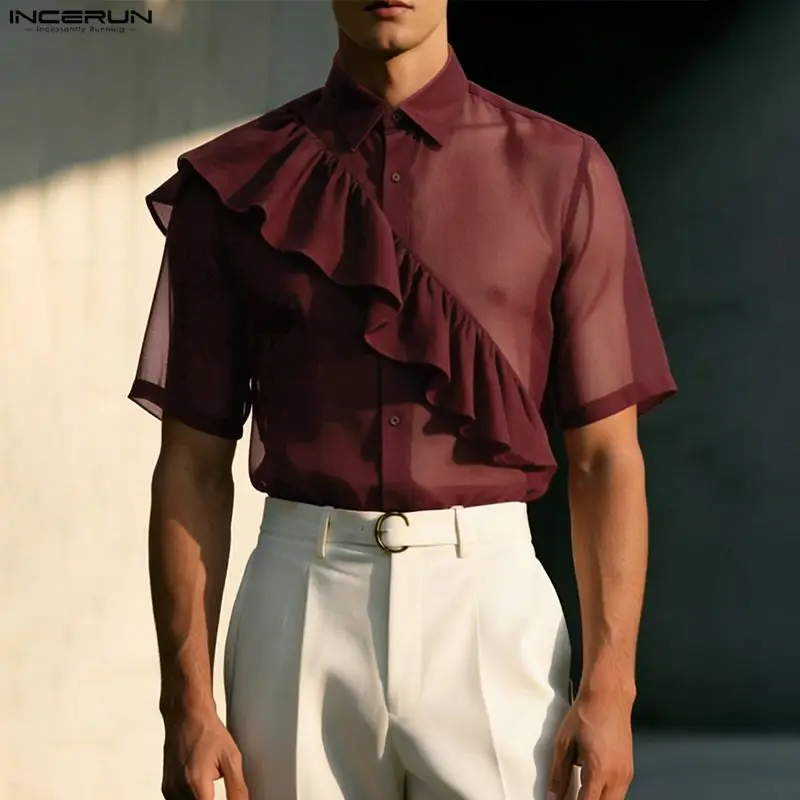 INCERUN Men's Shirt Ruffle Chiffon See Through Solid Tops Lapel Short Sleeve Sexy Shirts For Man Summer Loose Stylish Camisas