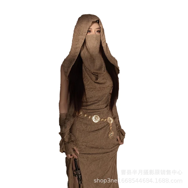 

2026 New Vintage Streetwear Women Hooded Dress Gothic Wasteland Wind Desert Influencer Detachable Sleeve with Belt Women Dresses