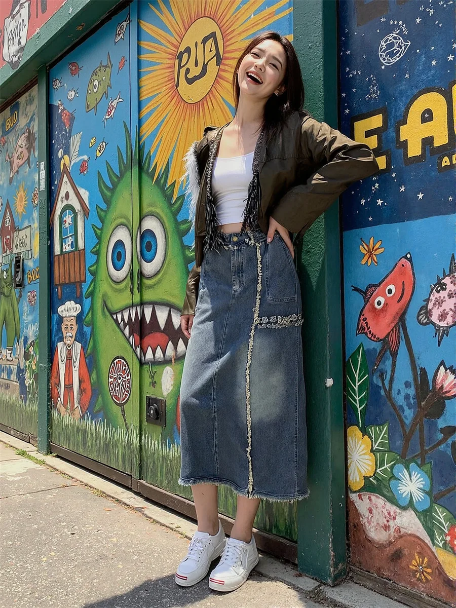 

Ankle length Denim Skirts Womens Ball Boho Kawaii Flare Festival Student Sweet Classic College Artistic Modern Trend Feminina