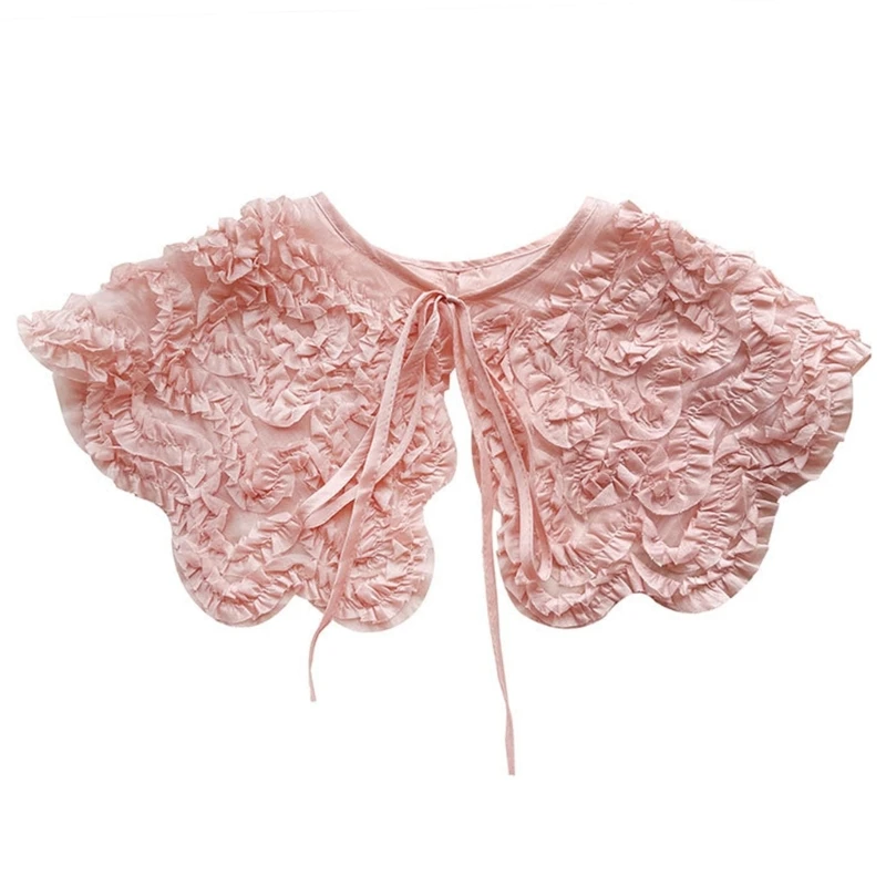 

Women Lace Up Bowknot Fake Collar Sweet 3D Ruffled Ruched Pink Shawl Capelet