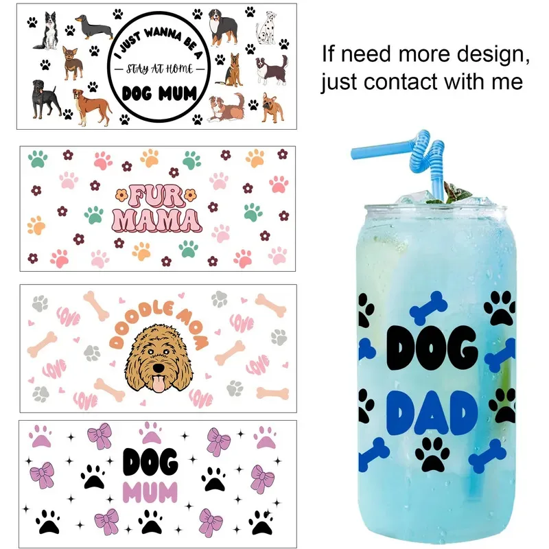 Cute Dog Mom style easy peel waterproof Party DIY Decals 3D transfers uvdtf tumbler seal stickers 16oz uv dtf cup wraps