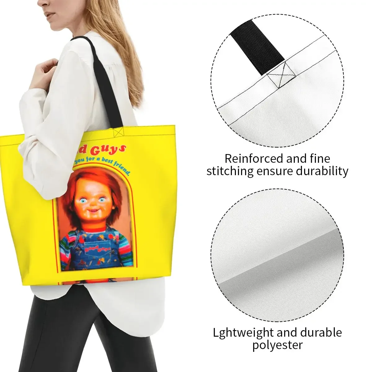 Good Guys Chucky Grocery Shopping Tote Bag Women Kawaii Child\'s Play Doll Canvas Shopper Shoulder Bag Large Capacity Handbag