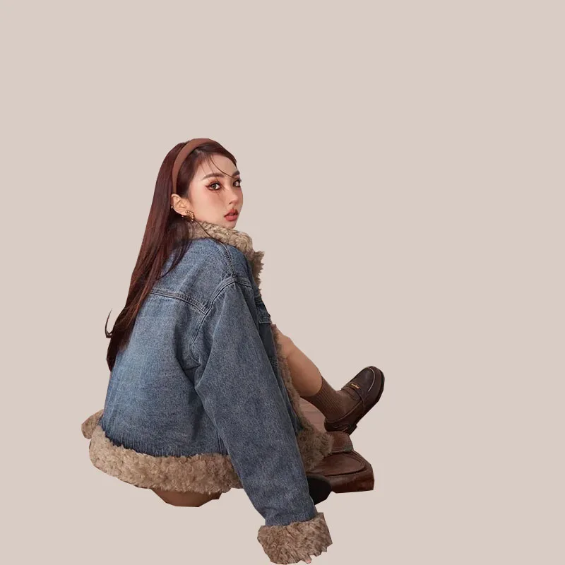 Turn Down Collar Denim Sweet Coat For Women 2023 Thicken Warm Retro Fur Collar Button Down Jacket New Fashion Oversized Coats