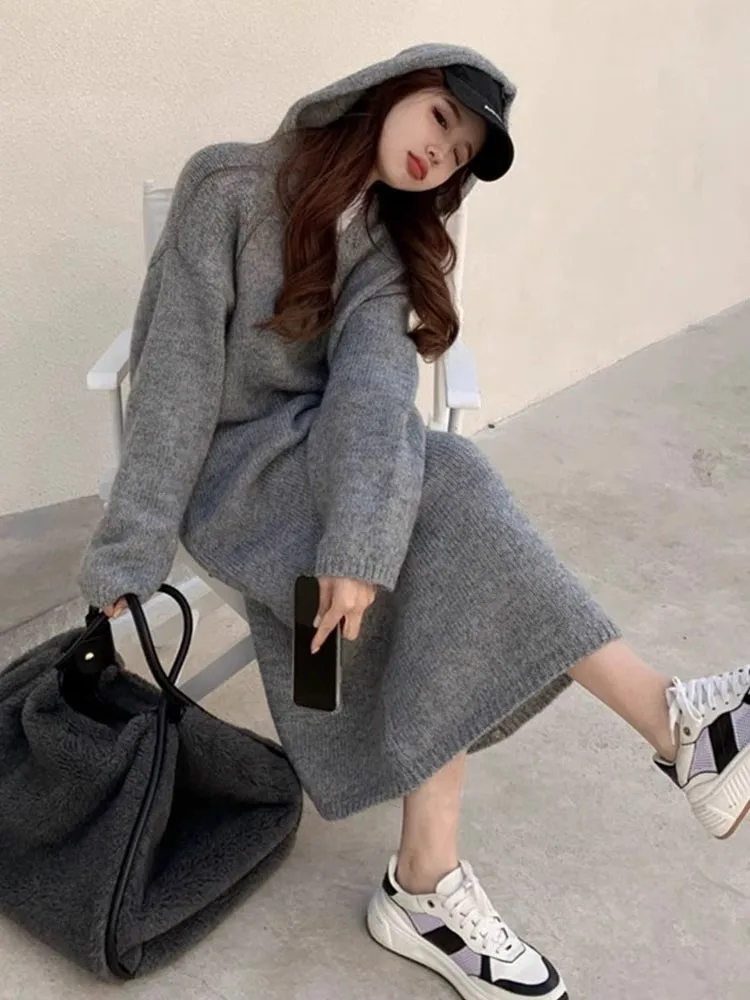 Korean style autumn hooded cashmere sweater long sweater dress loose women\'s knitted woolen hoodie