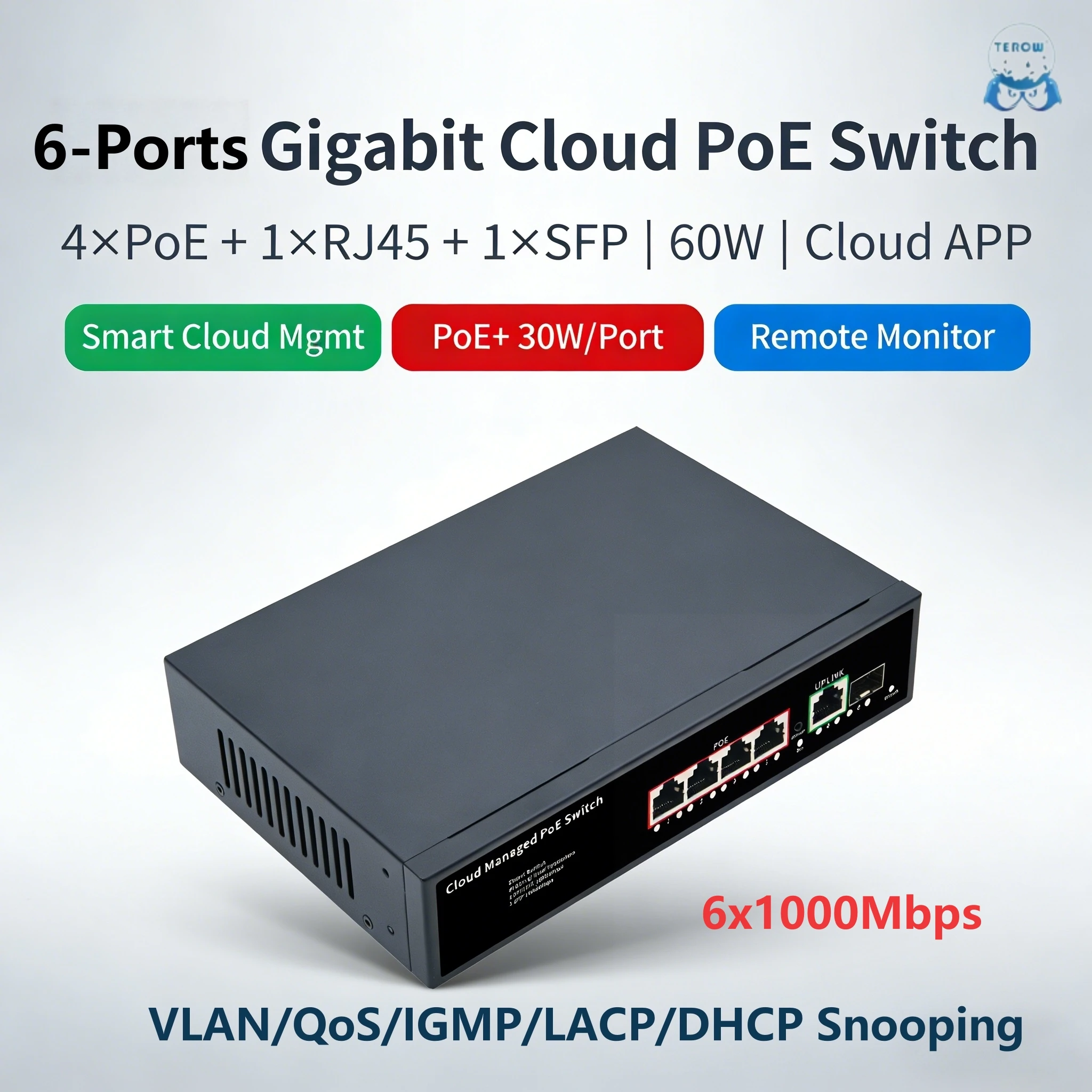 

6-Port Gigabit Cloud & Web Managed PoE+ Switch, 4 PoE+ 60W, 1 RJ45+1 SFP, VLAN/QoS/IGMP/LAG, Fanless All-Metal, 4KV, Plug&Play
