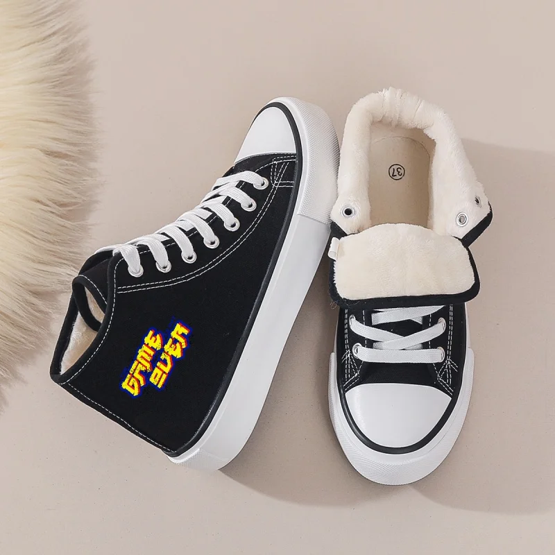 

Women's Black High-Top Canvas Shoes: Warm Fur-Lined, Platform Sole, Hook & Loop. Casual for Winter, School & Daily Wear.