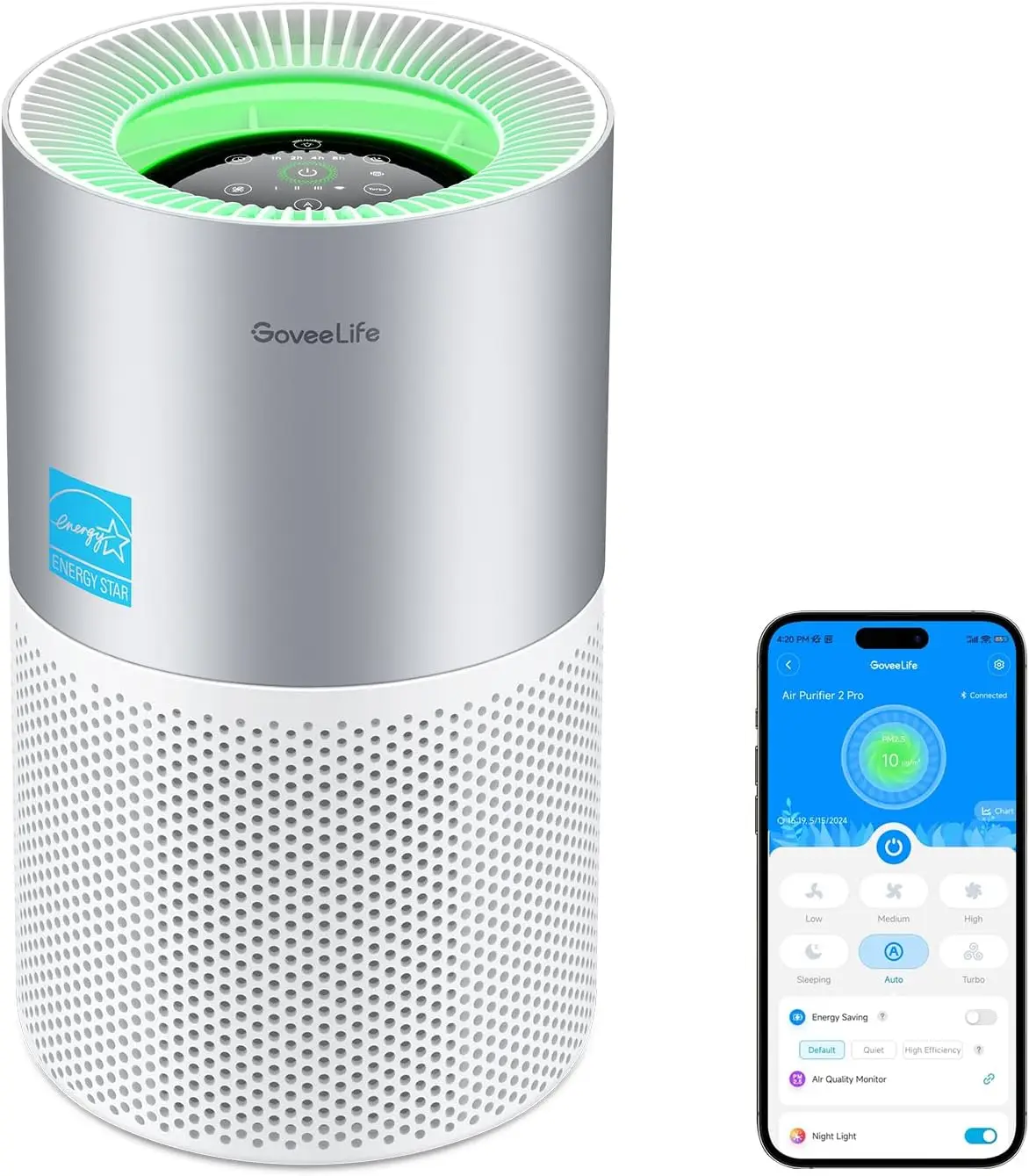 Purificador de Aire Inteligente para Habitaciones Grandes con Control por Aplicación y Alexa, Cubre hasta 1162 pies cuadrados, Sensor PM2.5 para Pelo de Mascotas, Polen y Polvo