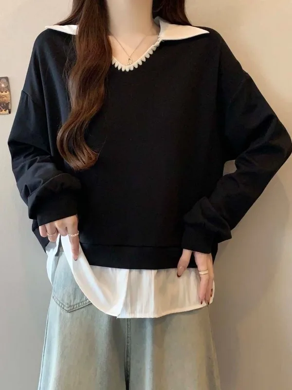 

Loose Long Sve Hoodie Women's Casual Sle Bla Lapel Fake Two-Piece Spring Summer plus Size Slimming Cover-Up Top